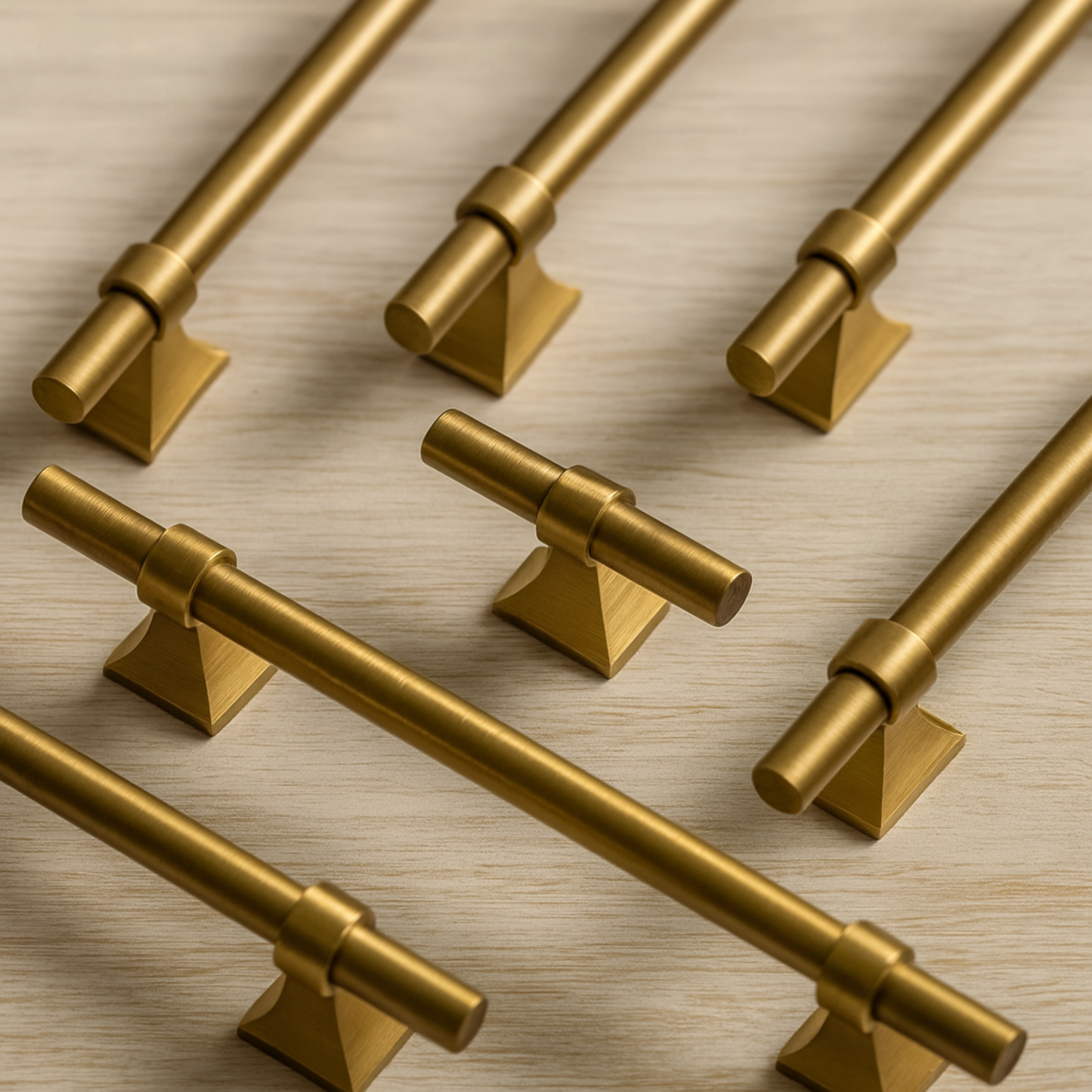 Ansel brass pull bars from Love Hohm on a wooden surface