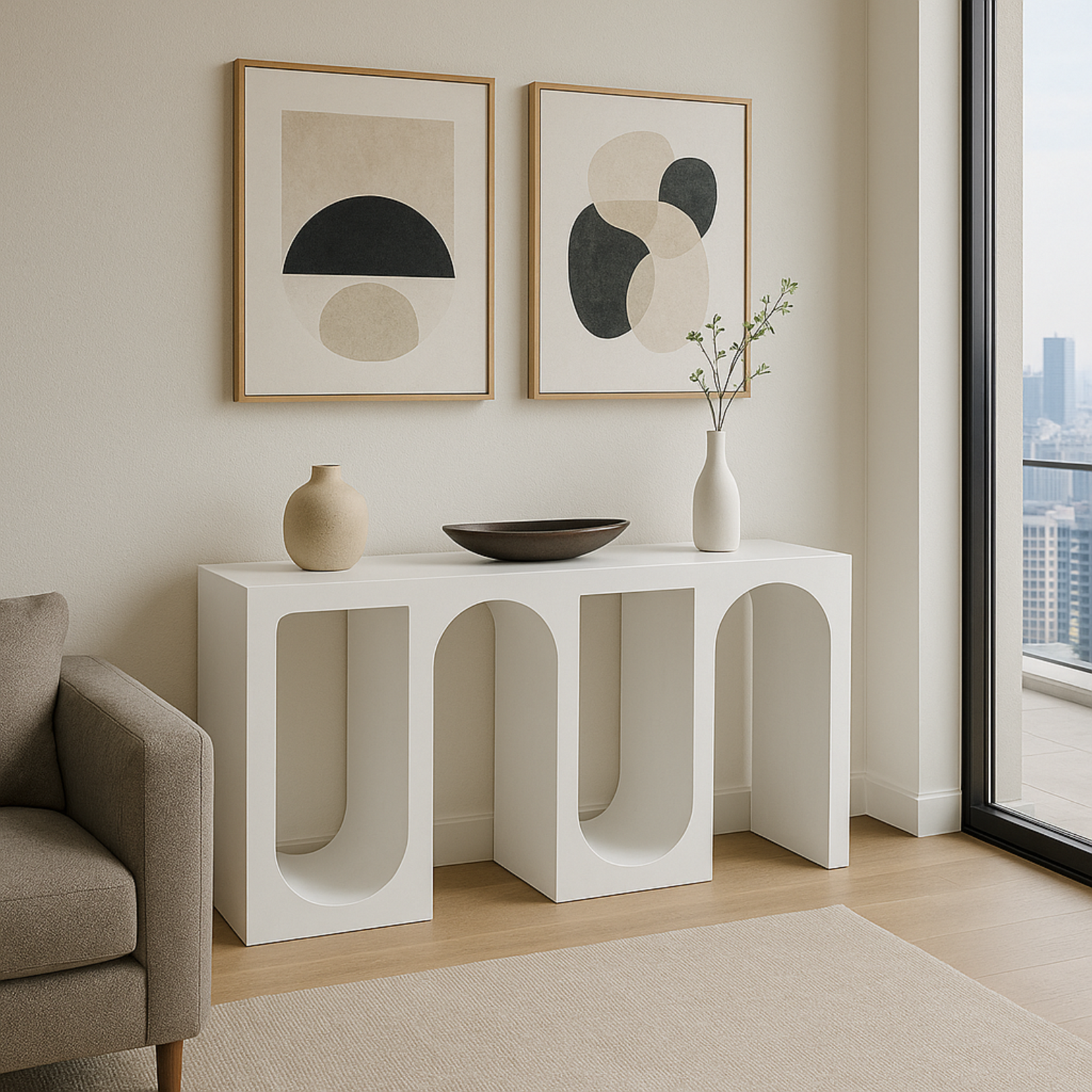 Modern interior with an Archwell console table from Love Hohm, abstract art, and decor items.
