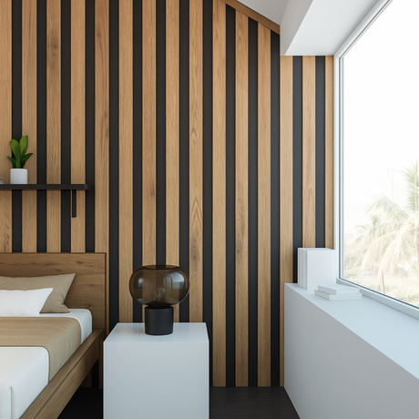 Modern bedroom with Bastion table lamp from Love Hohm, striped wall, bed, and window view