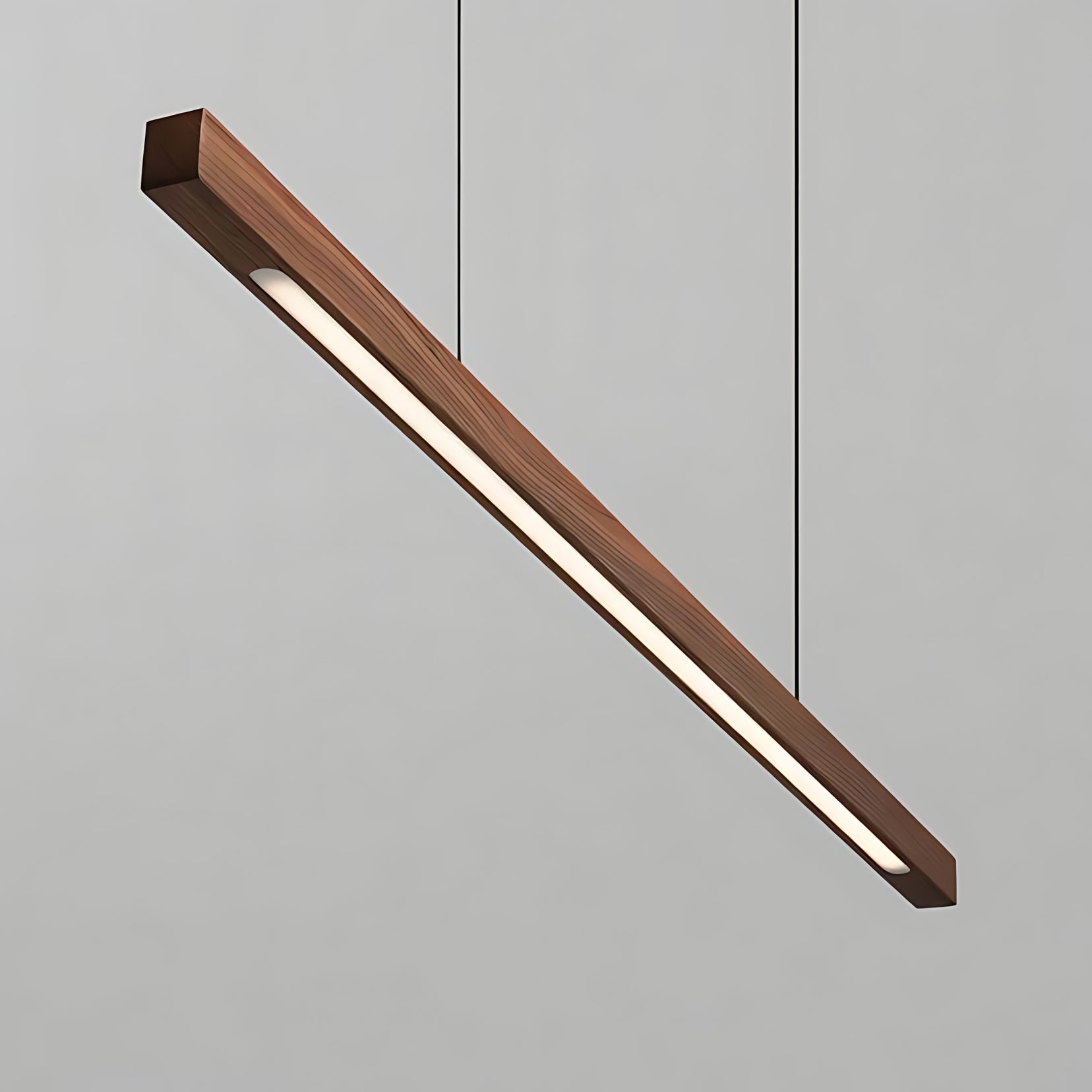 Beam modern pendant light with wooden frame and white LED strip on a gray background