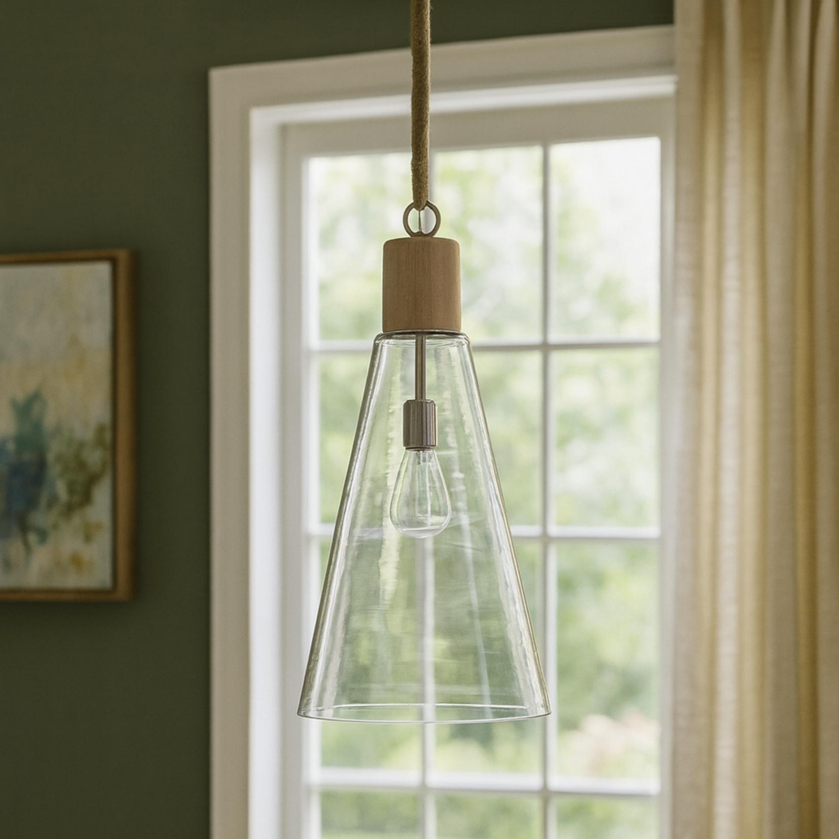 Celestory glass pendant light from Love Hohm with wooden accent hanging in a room with a window and curtain.