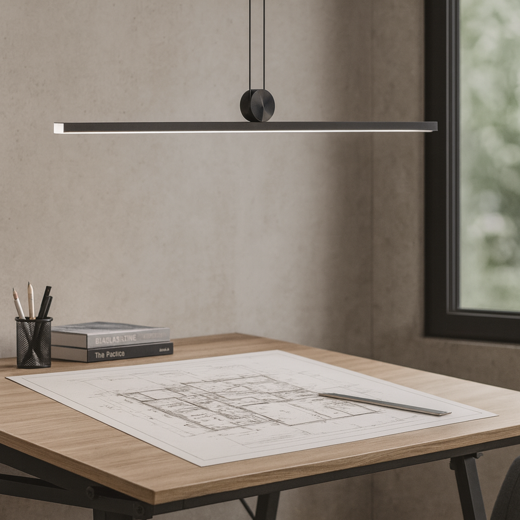 Chord Pendant light from Love Hohm over a desk with architectural drawings, pencils, and a window.