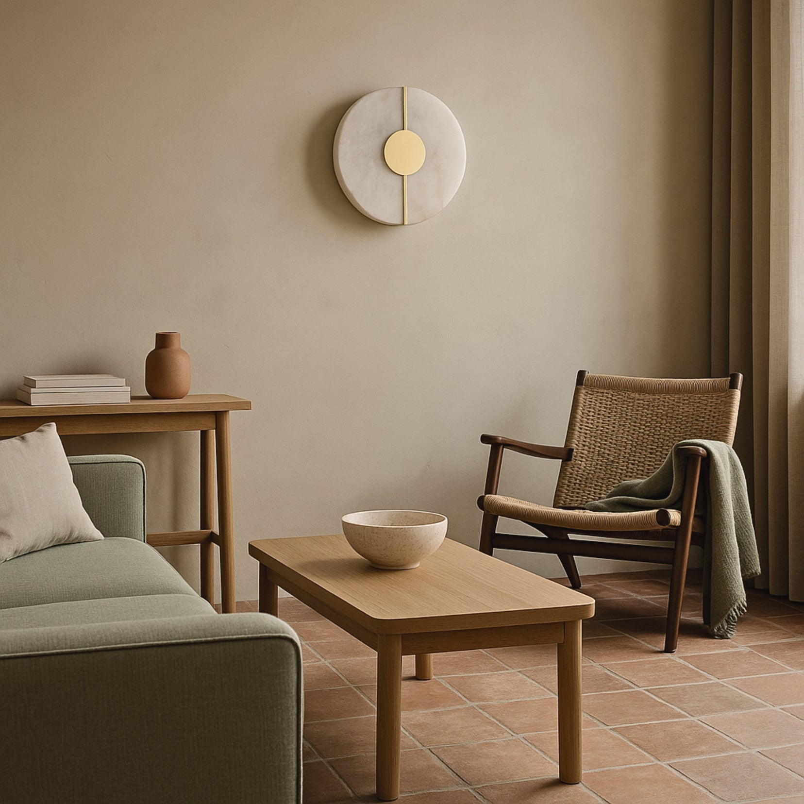 Modern living room with a sofa, coffee table, armchair, and a Corestone alabaster wall lamp from Love Hohm