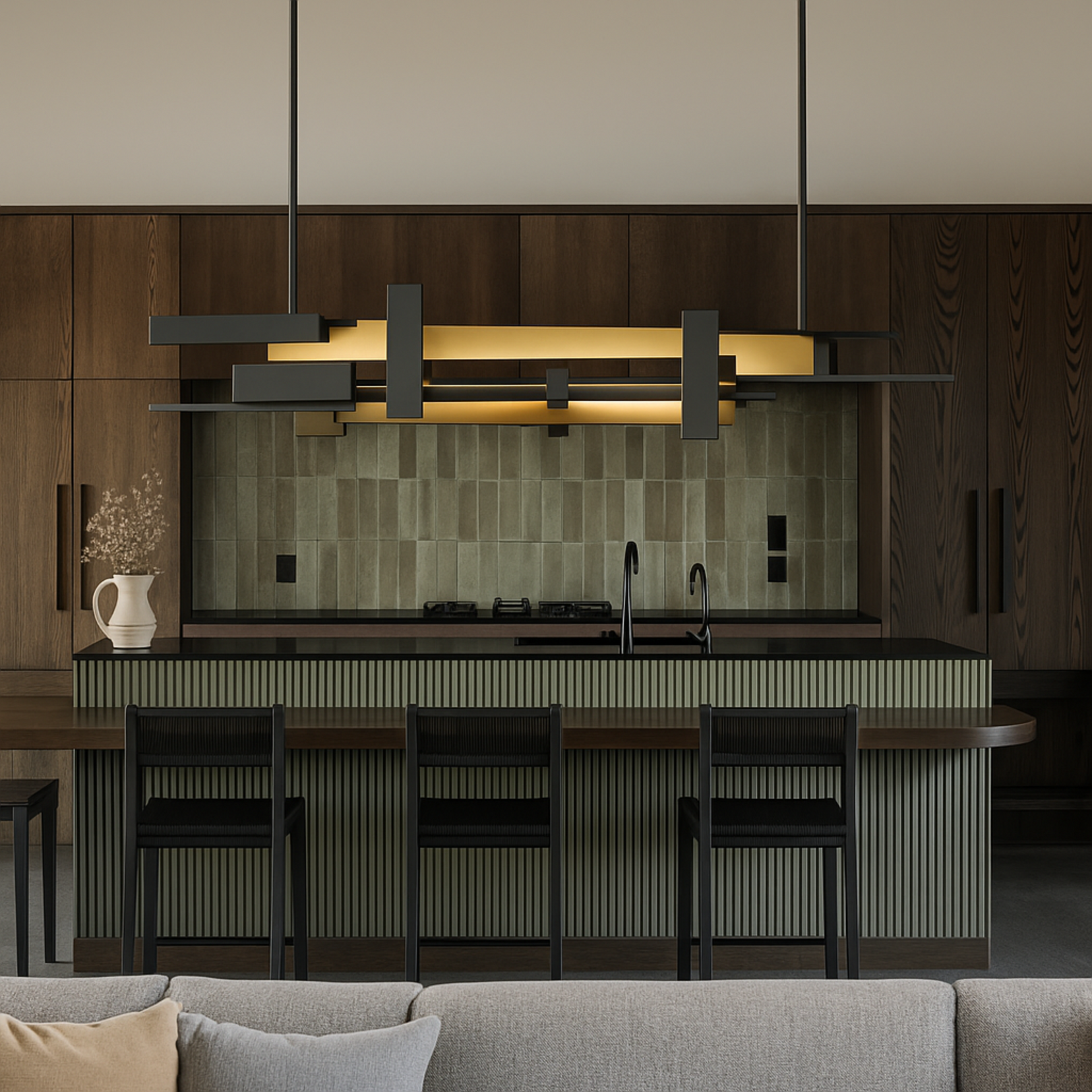 Modern kitchen with island, chairs, and a Forge chandelier from Love Hohm.