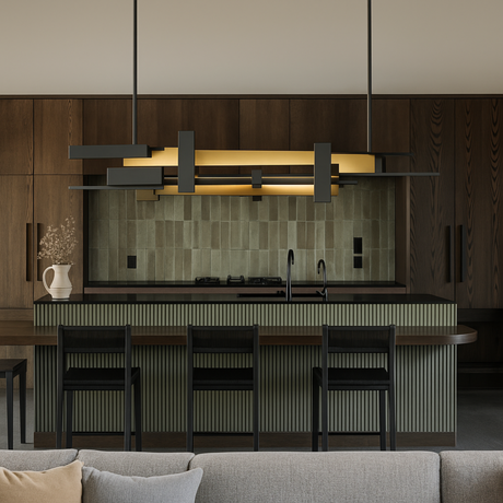 Modern kitchen with island, chairs, and a Forge chandelier from Love Hohm.