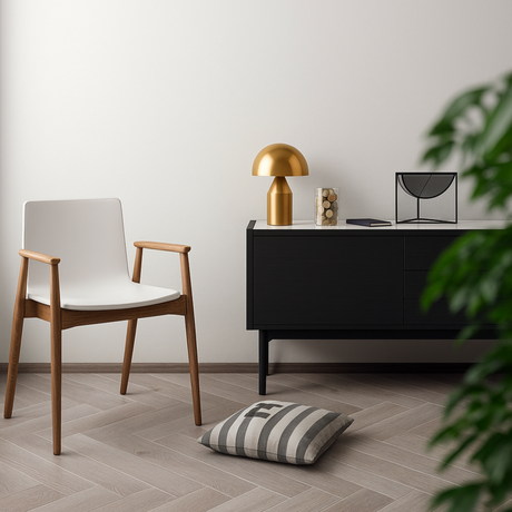 Modern interior with a chair, Gild brass table lamp, and cabinet against a white wall.