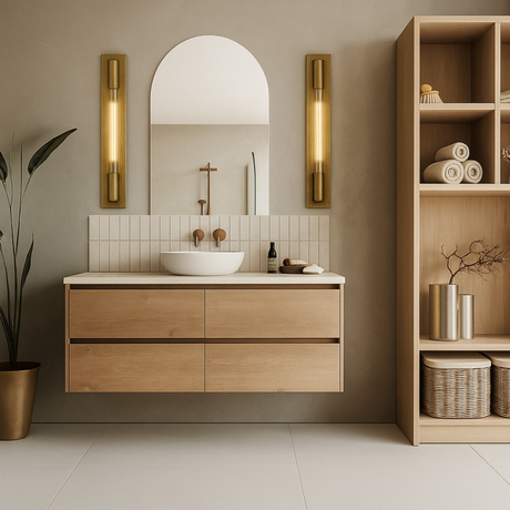 Gilt copper sconces in minimal, clean, bathroom.