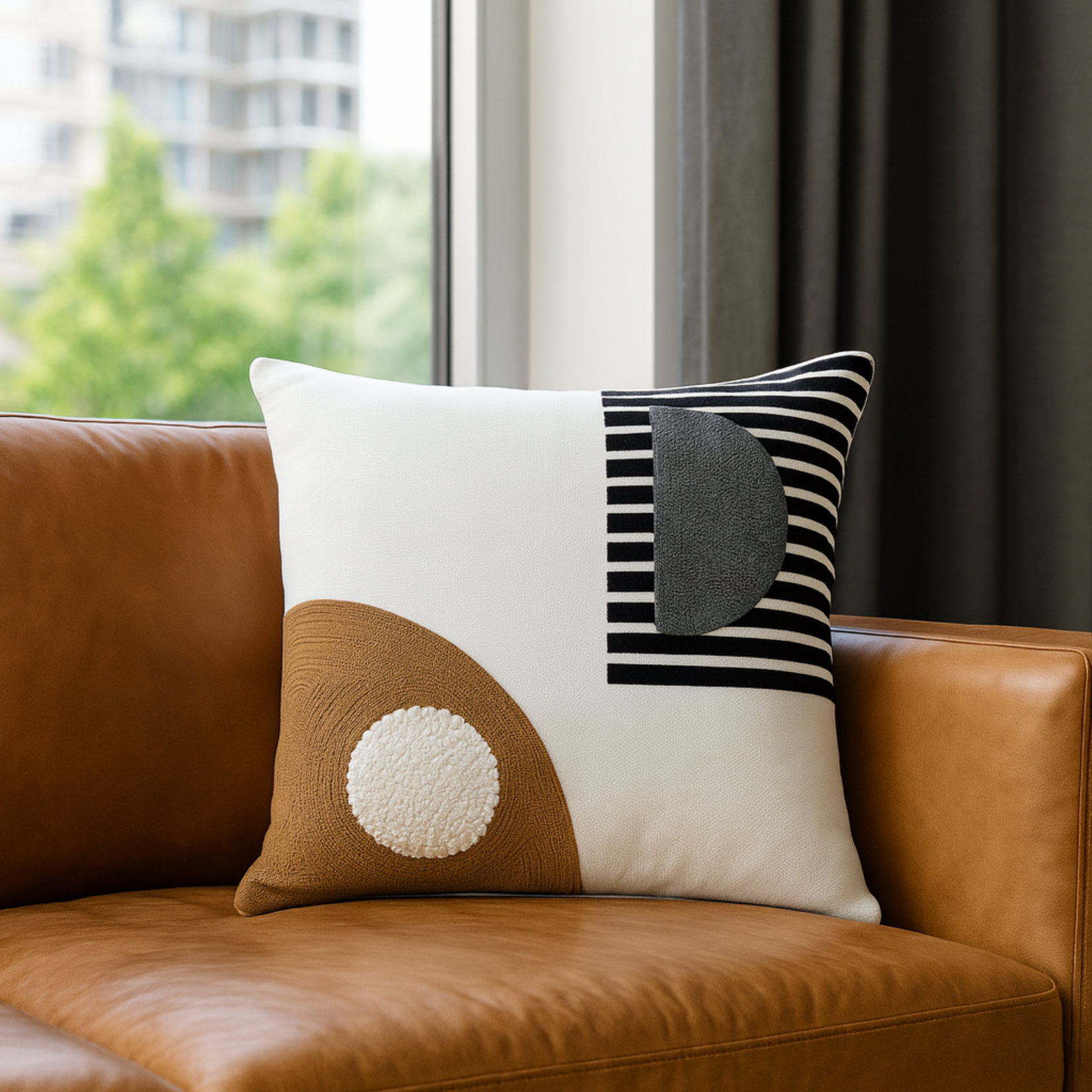 Glyph decorative pillow from Love Hohm with geometric pattern on a brown leather couch