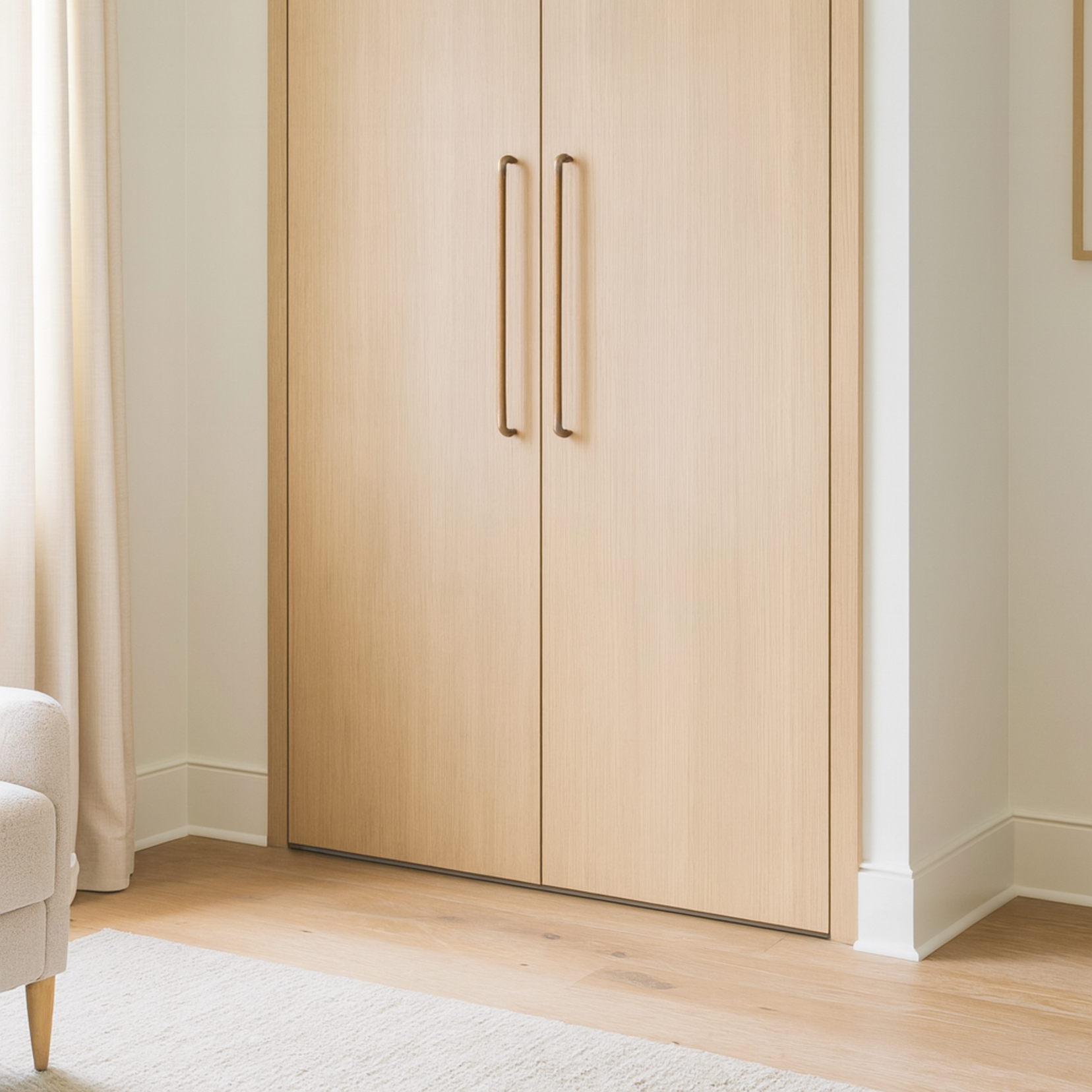 Wooden wardrobe with two doors using Grain long pull bars from Love Hohm in a room with a white wall and light-colored floor.