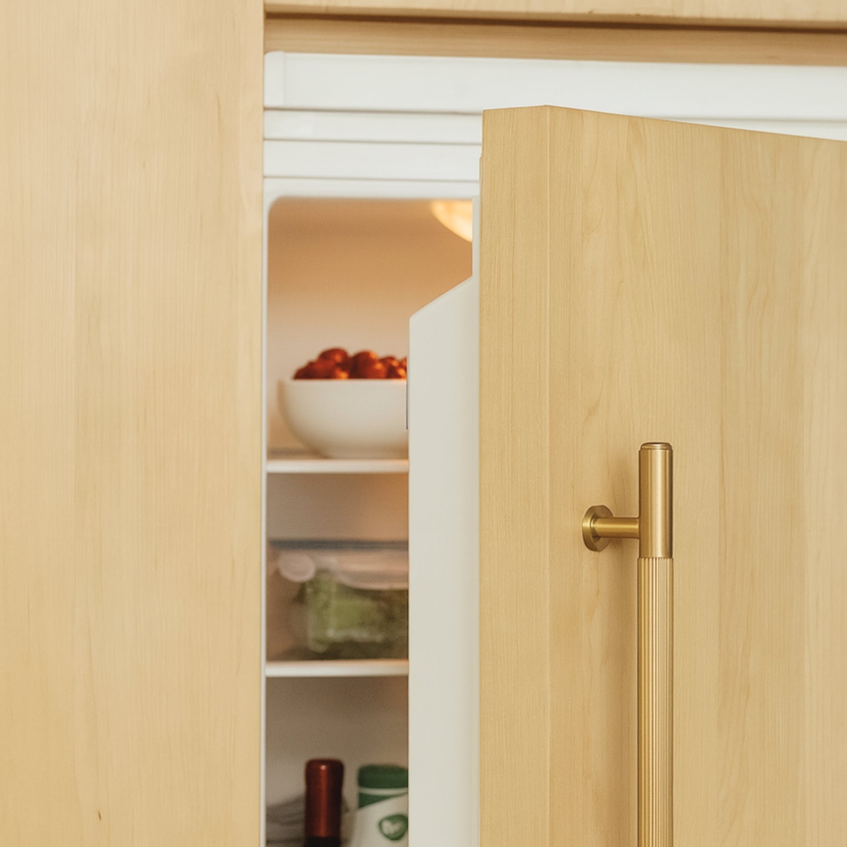 Hone brass pull on a panel appliance refrigerator in light wood color.