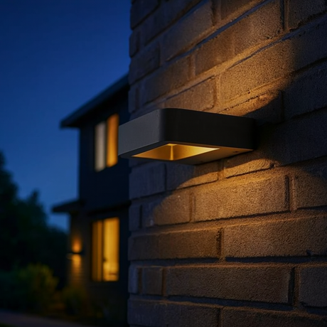 Ledger outdoor wall light by Love Hohm on a brick wall at night