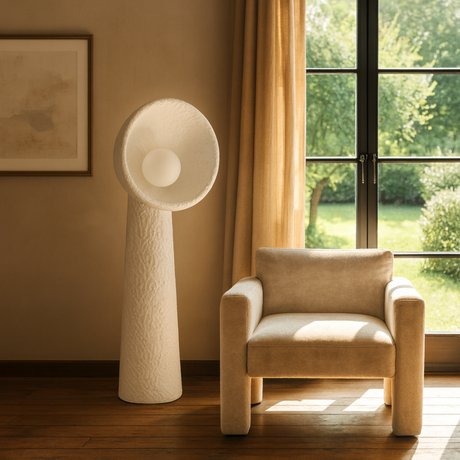 Beige armchair and a Lodestar Big Floor Lamp from Love Hohm in a room with a window showing greenery