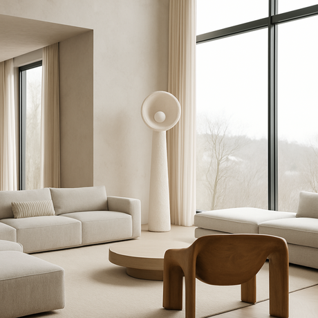 Modern living room with beige sofa, wooden chair, and a Lodestar Big Floor Lamp from Love Hohm.
