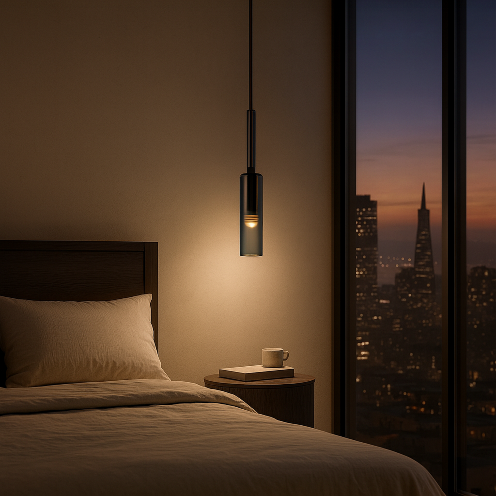 Bedroom with a cityscape view at night, featuring a lit Loom pendant light from Love Hohm.