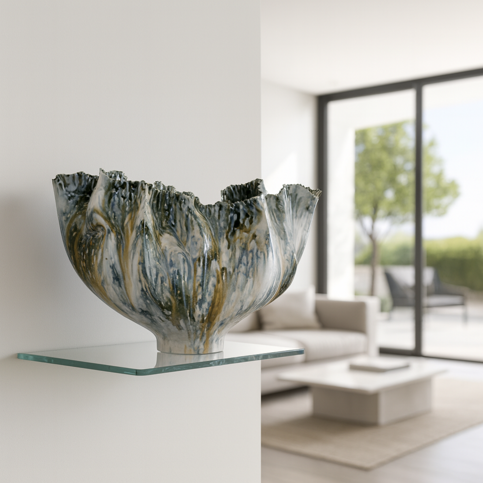 Marrow sculptural ceramic vase from Love Hohm on a floating glass shelf in a modern living room.