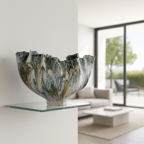 Marrow sculptural ceramic vase from Love Hohm on a floating glass shelf in a modern living room.