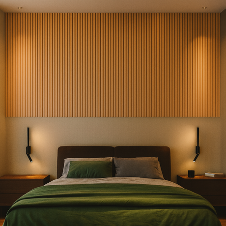 Bedroom with Mast wall light from Love Hohm, green bedding and wooden headboard against a slatted wood wall.
