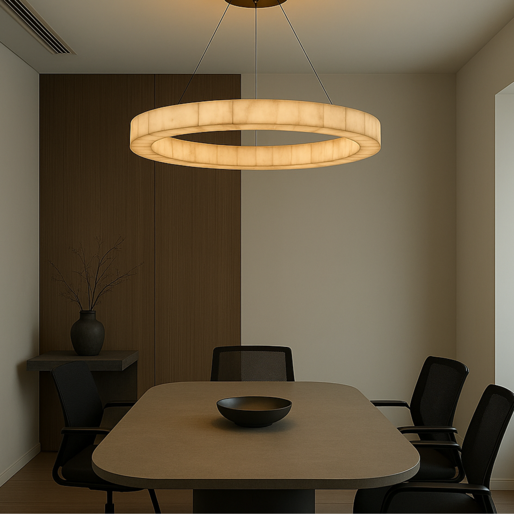 Monarch chandelier from Love Hohm hanging above a small conference table in a dimly lit room.