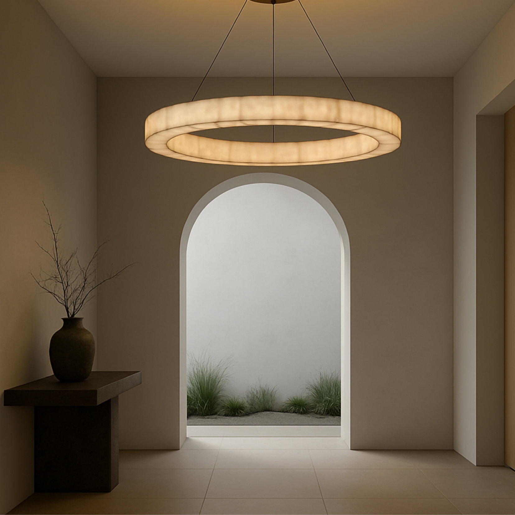 Monarch chandelier by Love Hohm hanging in a room with an archway leading to a garden.
