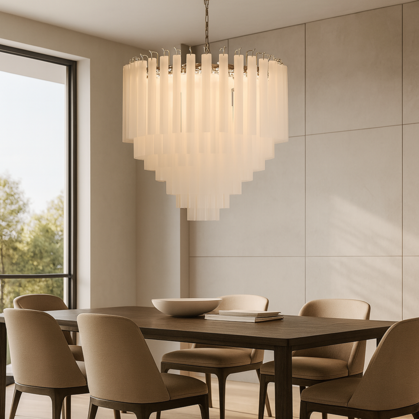 Modern dining room with a Monument Frosted Chandelier, table, and chairs.