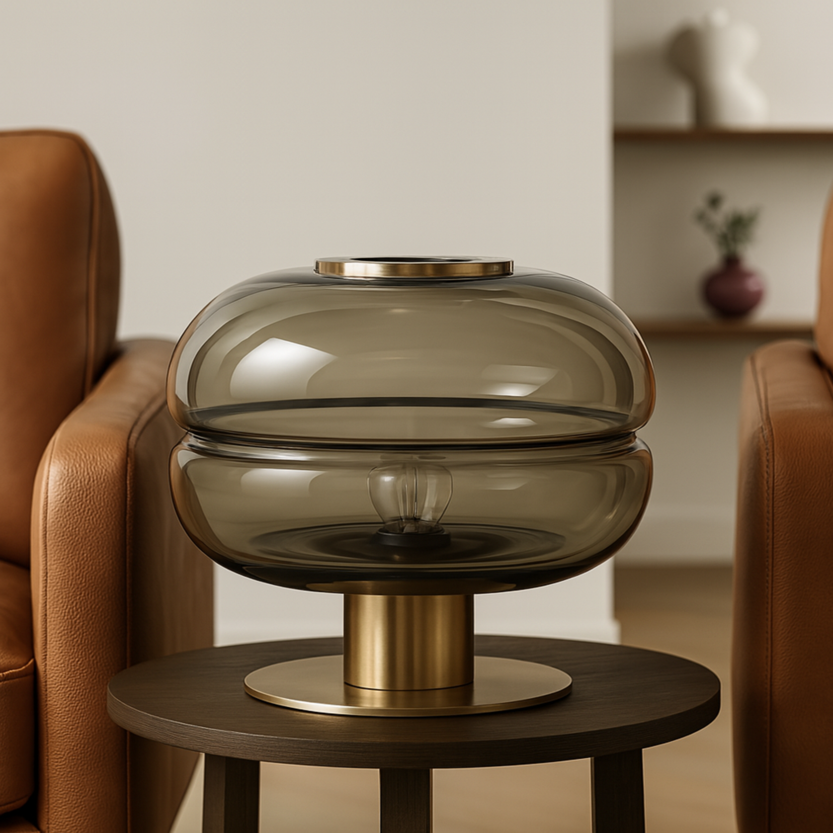 Nest table lamp from Love Hohm with bronze base on a wooden table in a living room setting.