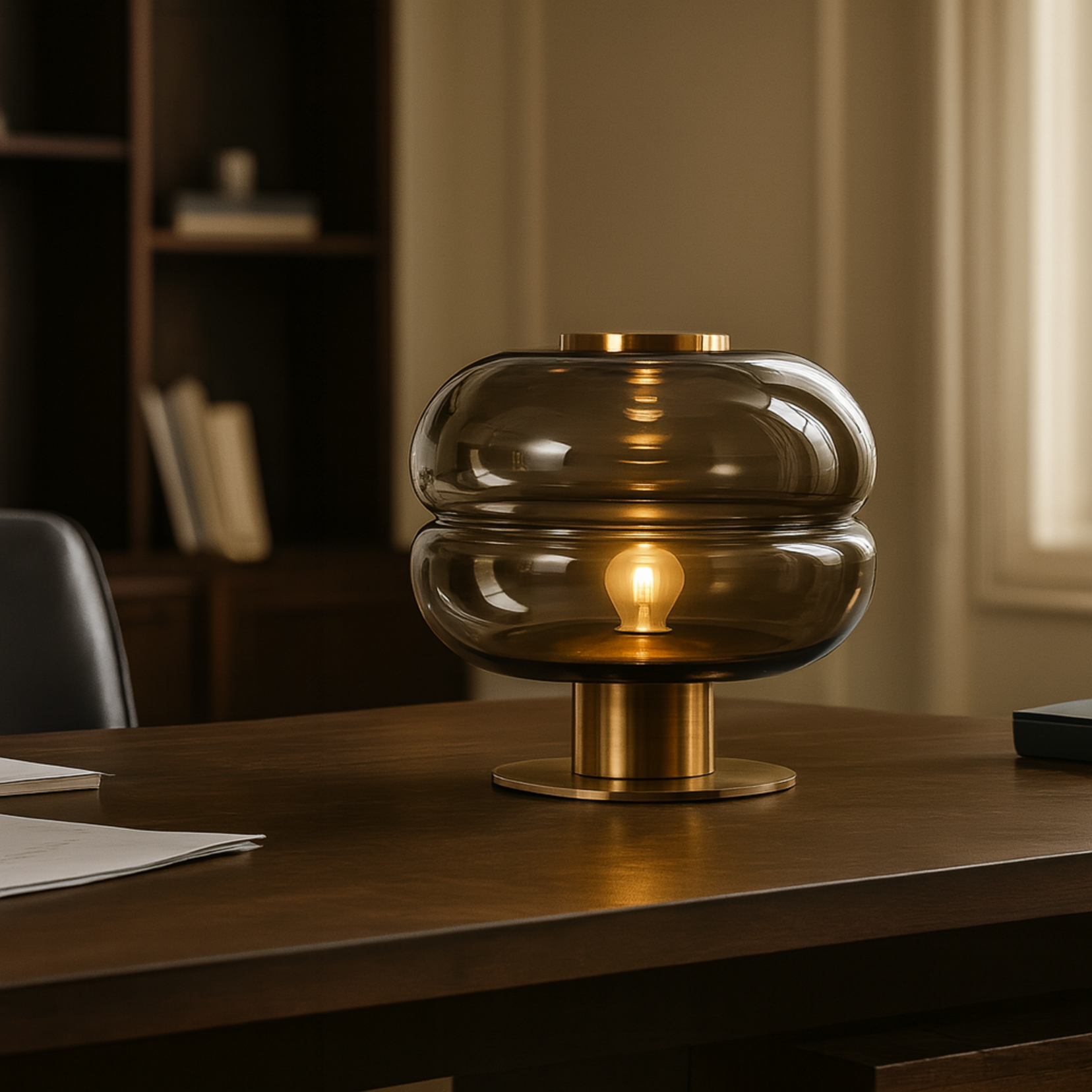 Nest table lamp by Love Hohm with a glass shade and gold base on a wooden desk.