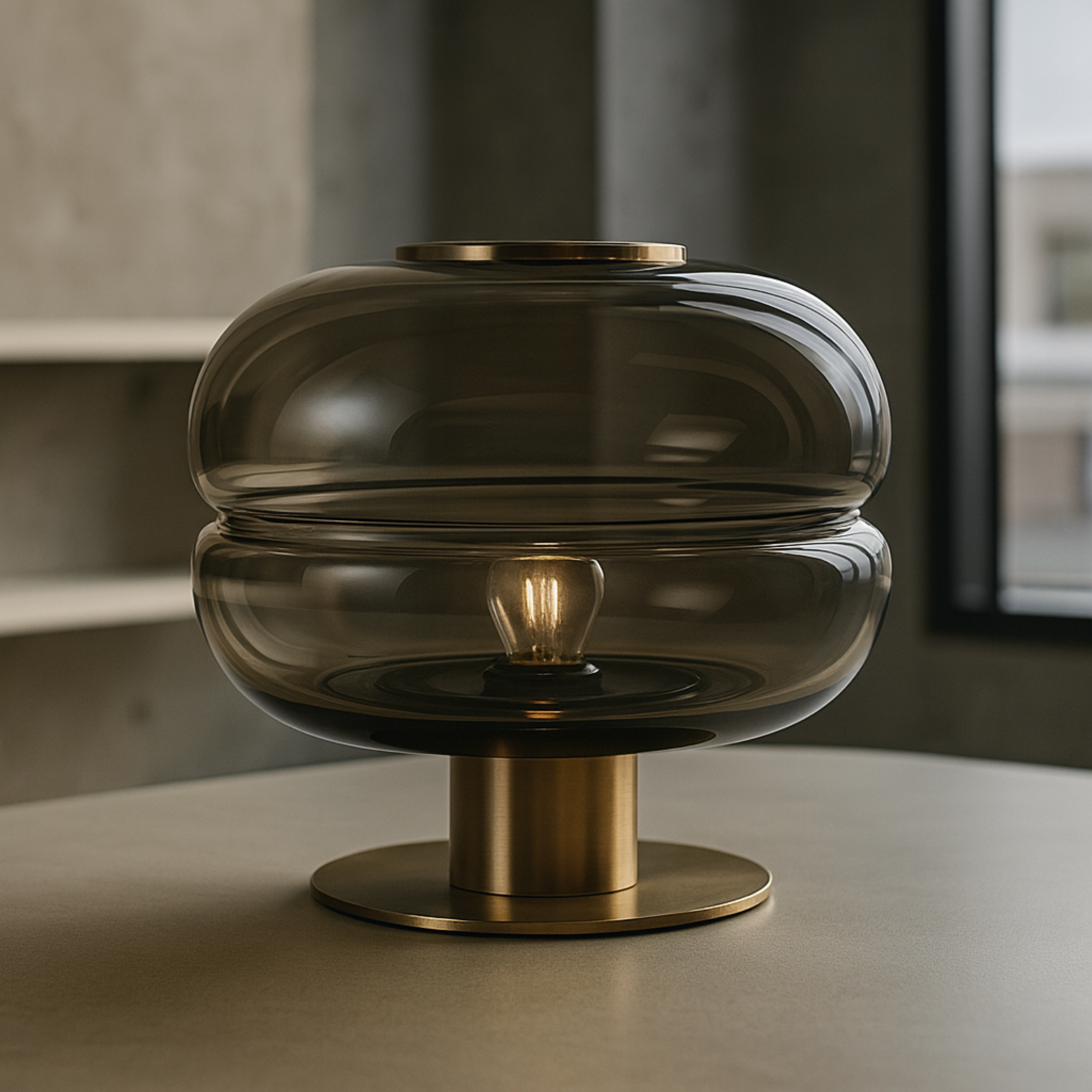Nest  table lamp from Love Hohm with glass shade and brass base on a neutral background
