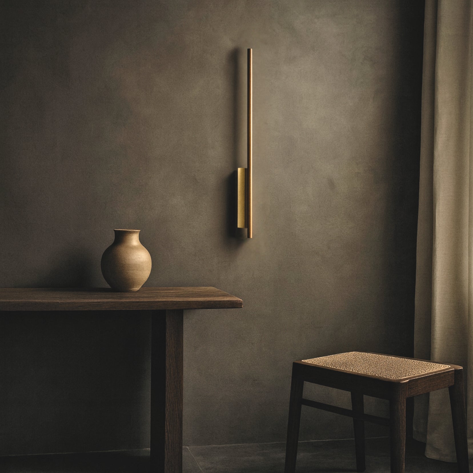 Minimalist interior with a vase on a table, a Northcut wall lamp from Love Hohm, and wooden stool against a gray wall.