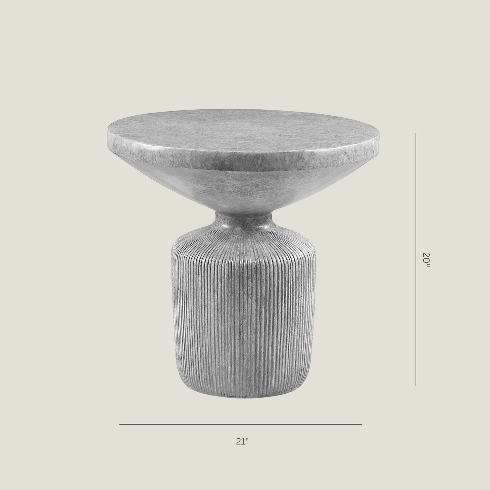 Obdurate gray cement side table from Love Hohm with ribbed cylindrical base on a white background