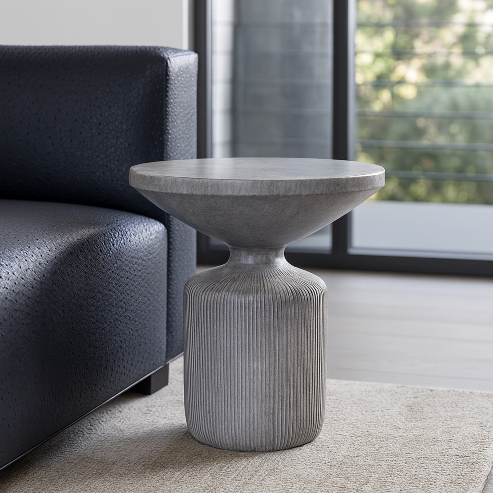 Obdurate gray cement side table from Love Hohm in a living room setting with a textured design