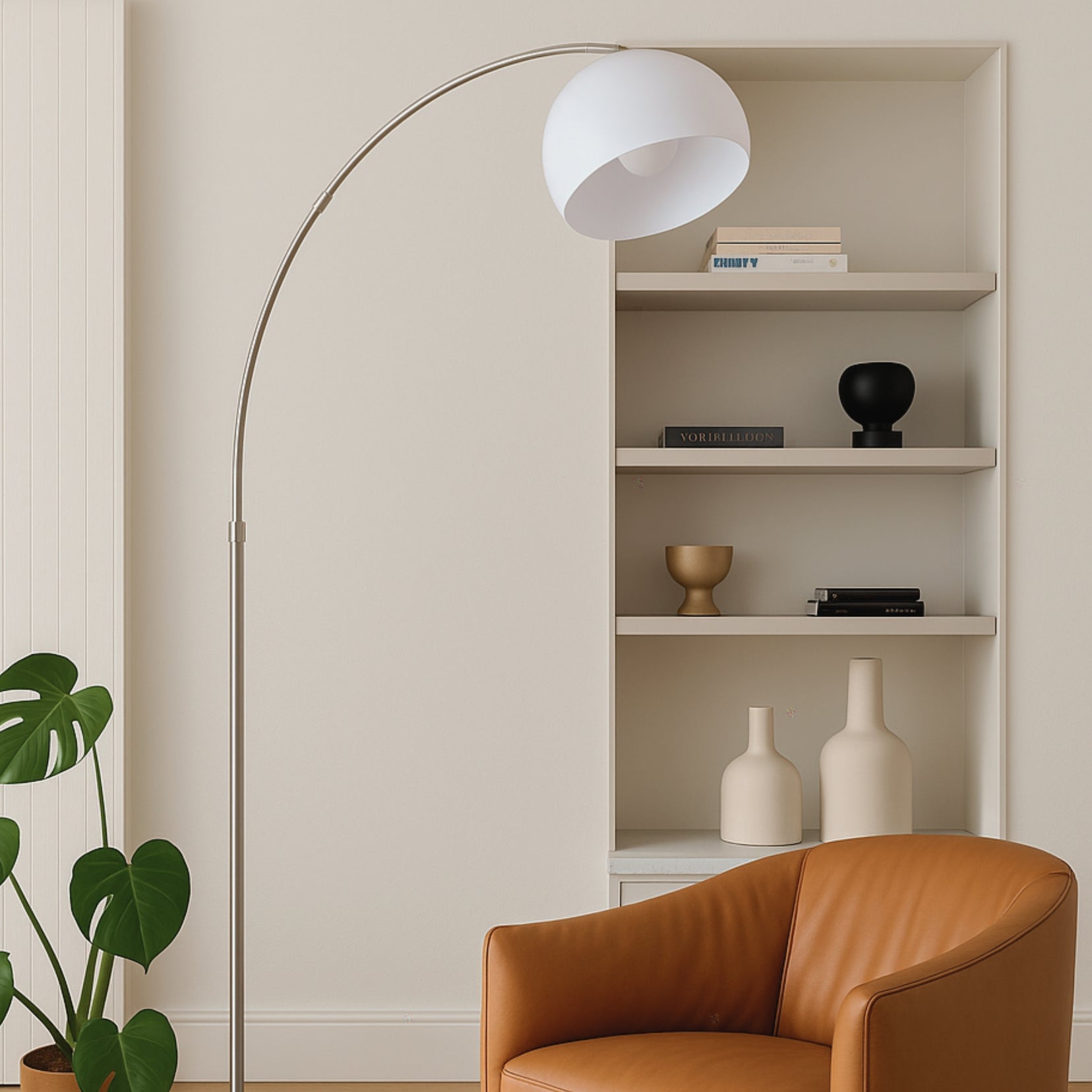Modern living room with an Overture arc floor lamp from Love Hohm, bookshelf, and brown armchair.