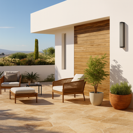 Modern outdoor patio with wooden furniture, plants, and a Sentinel outdoor wall lamp by Love Hohm against a scenic view.