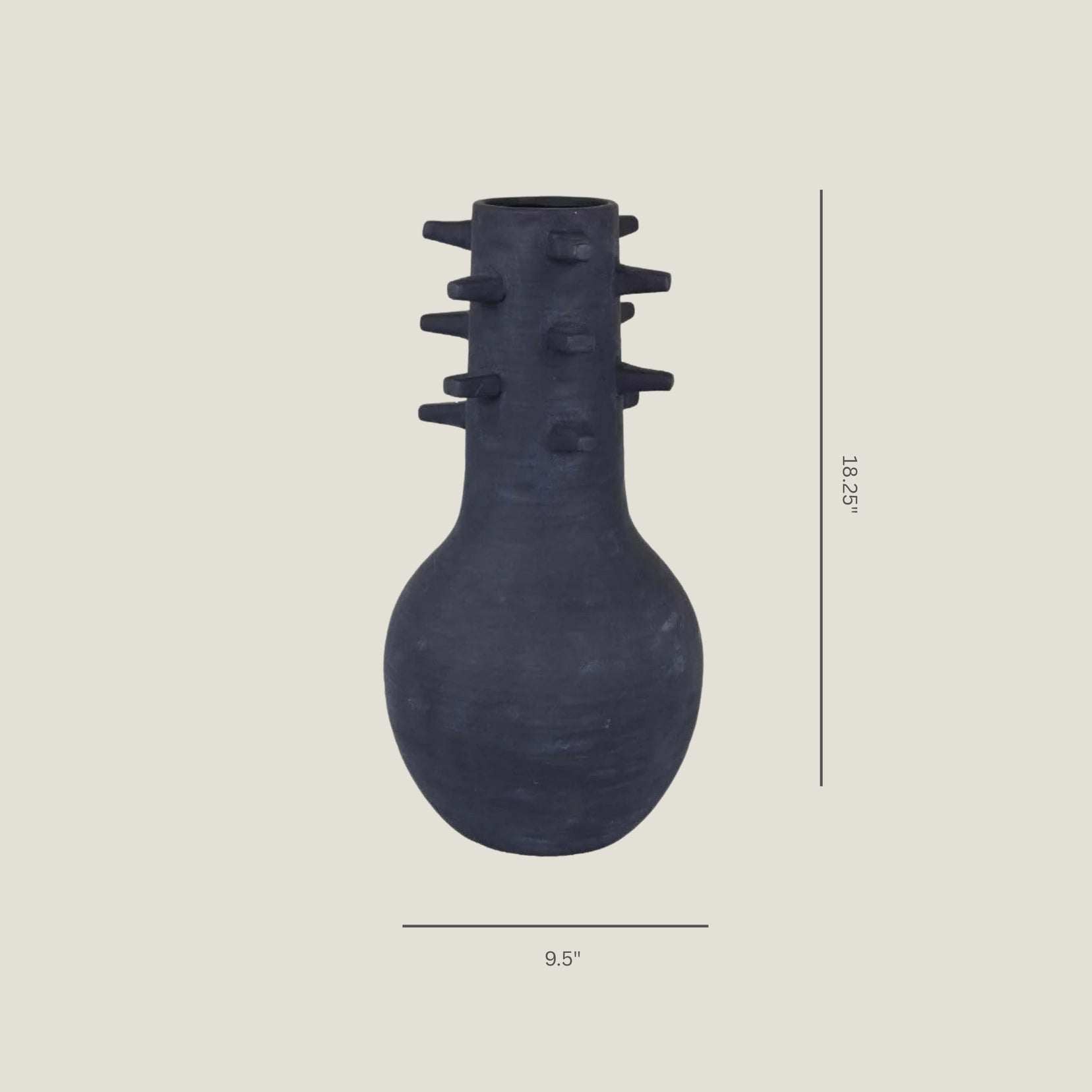 Spicula black textured vase from Love Hohm on a light gray background with measurements indicated.