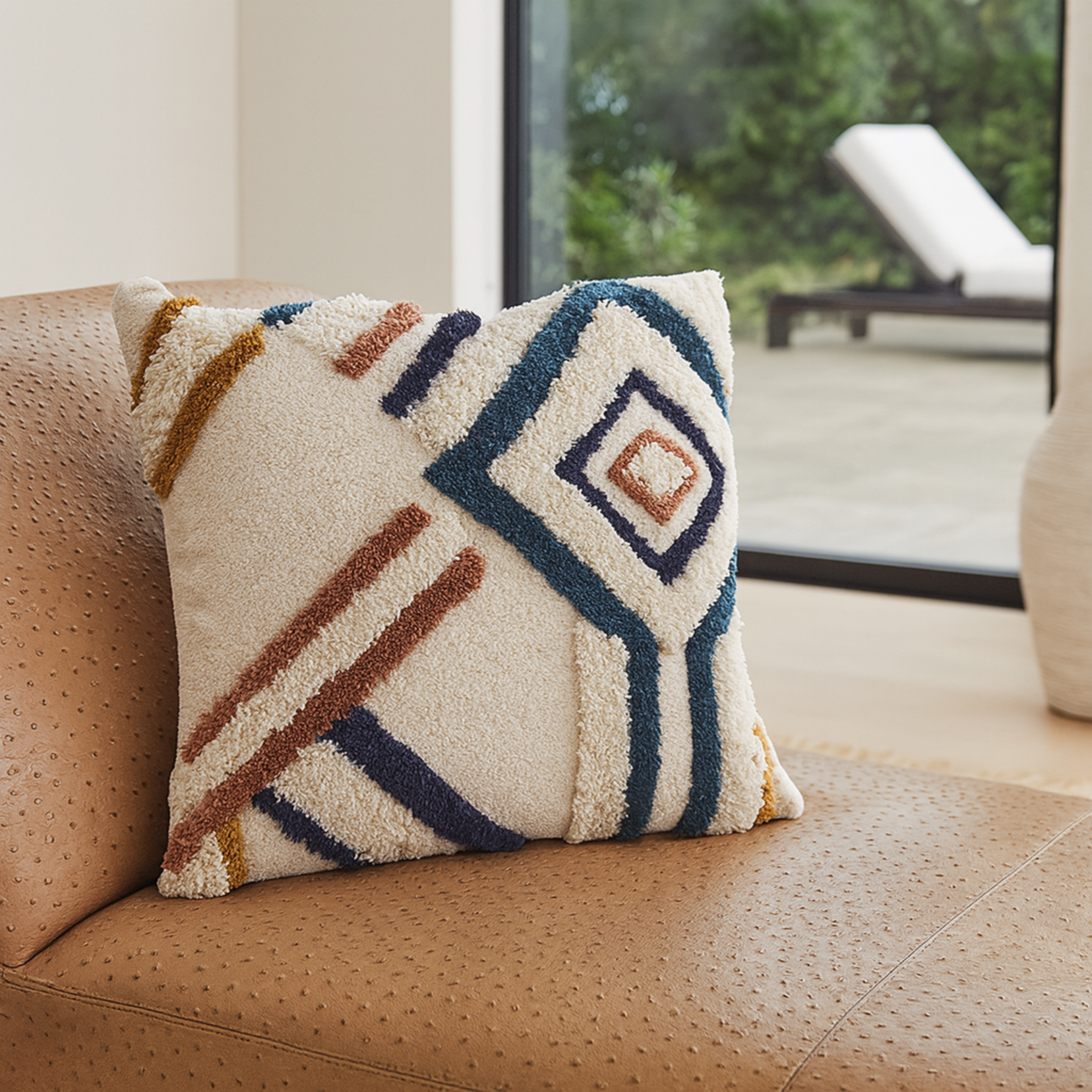 Stillwater decorative accent pillow from Love Hohm with geometric pattern on a brown ostrich chaise lounge