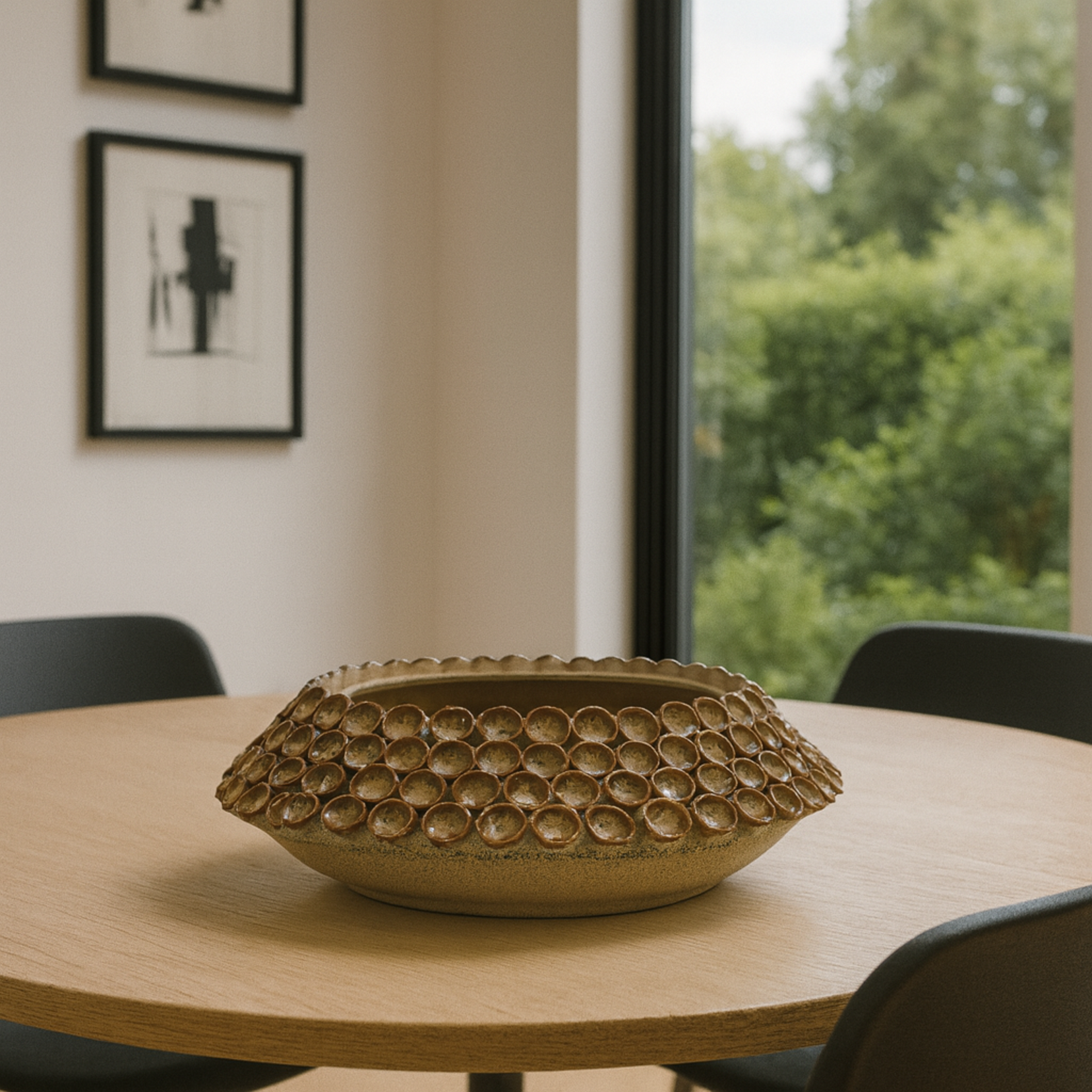 Thatch decorative ceramic bowl from Love Hohm on a table with a window and greenery in the background