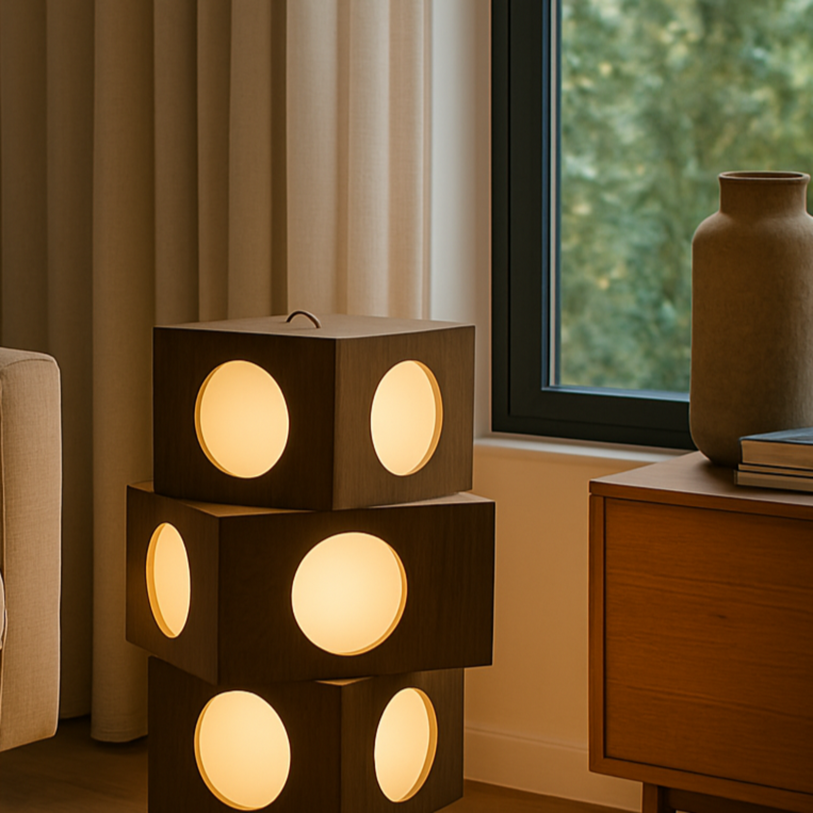 Torri floor lamp from Love Hohm in a living room setting with a vase and window in the background.