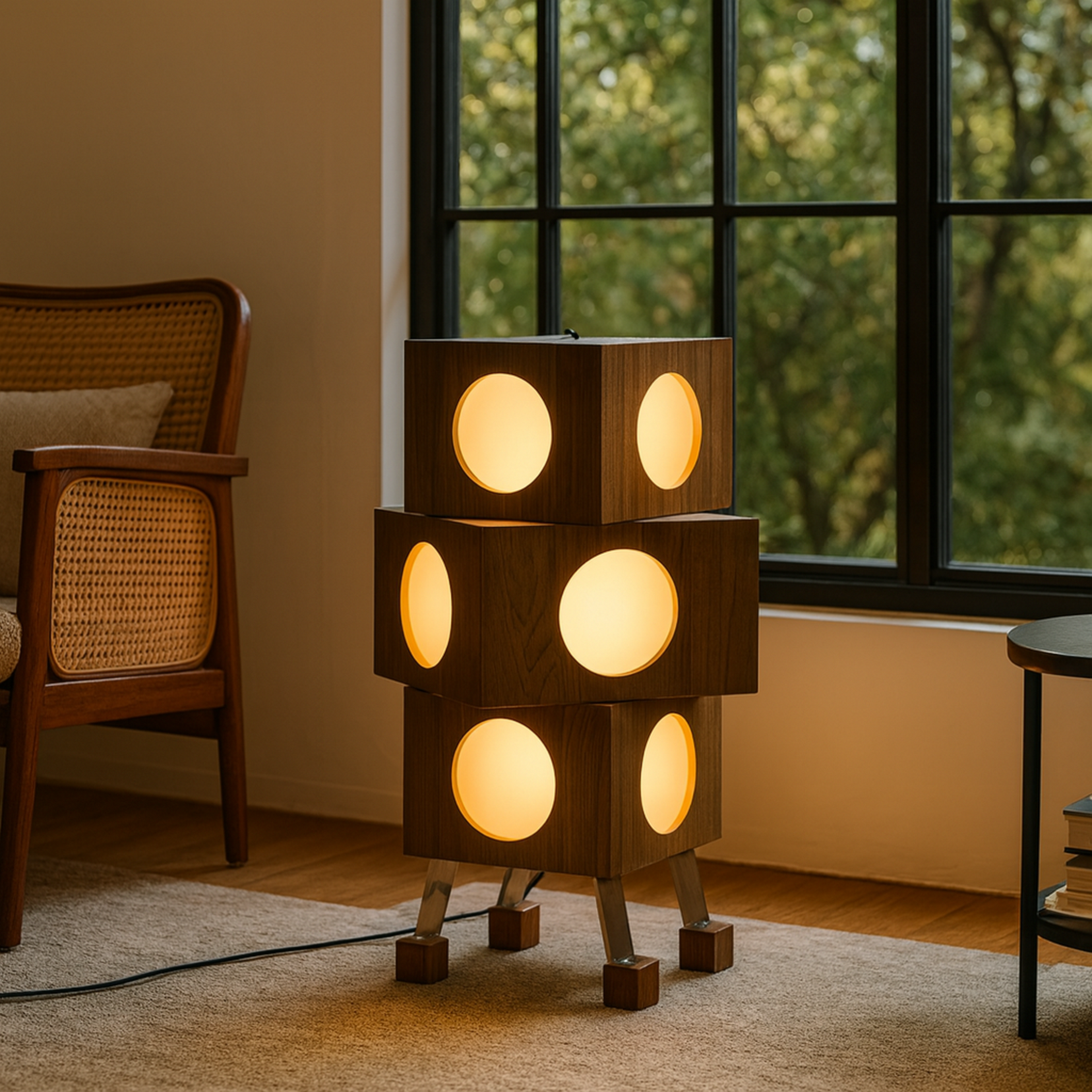 Torri floor lamp from Love Hohm with circular lights in a room with a window and chair.