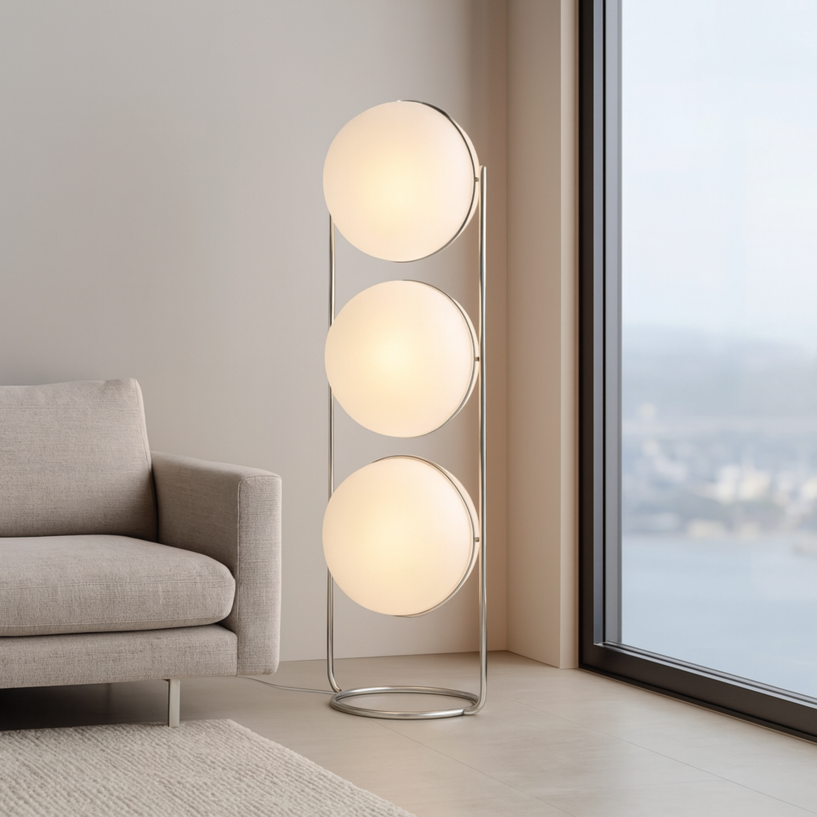 Totem floor lamp from Love Hohm with three spherical lights in a living room setting.