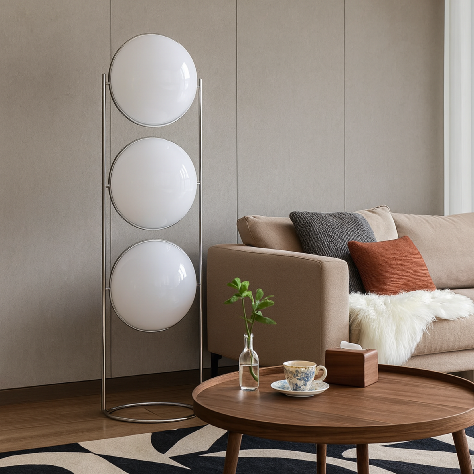 Modern living room with a sofa, coffee table, and Totem floor lamp from Love Hohm