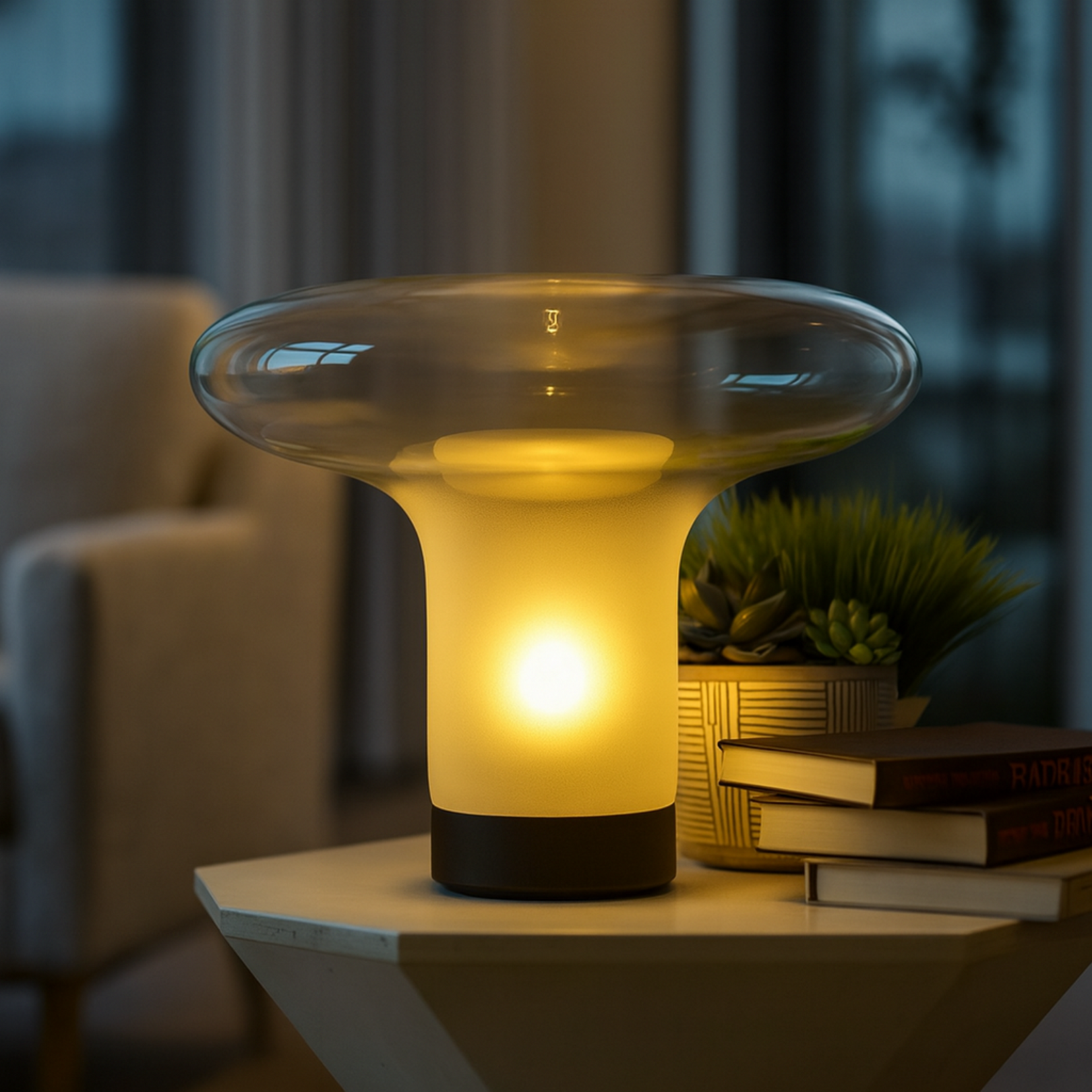 Vault table lamp from Love Hohm on a table with a blurred background