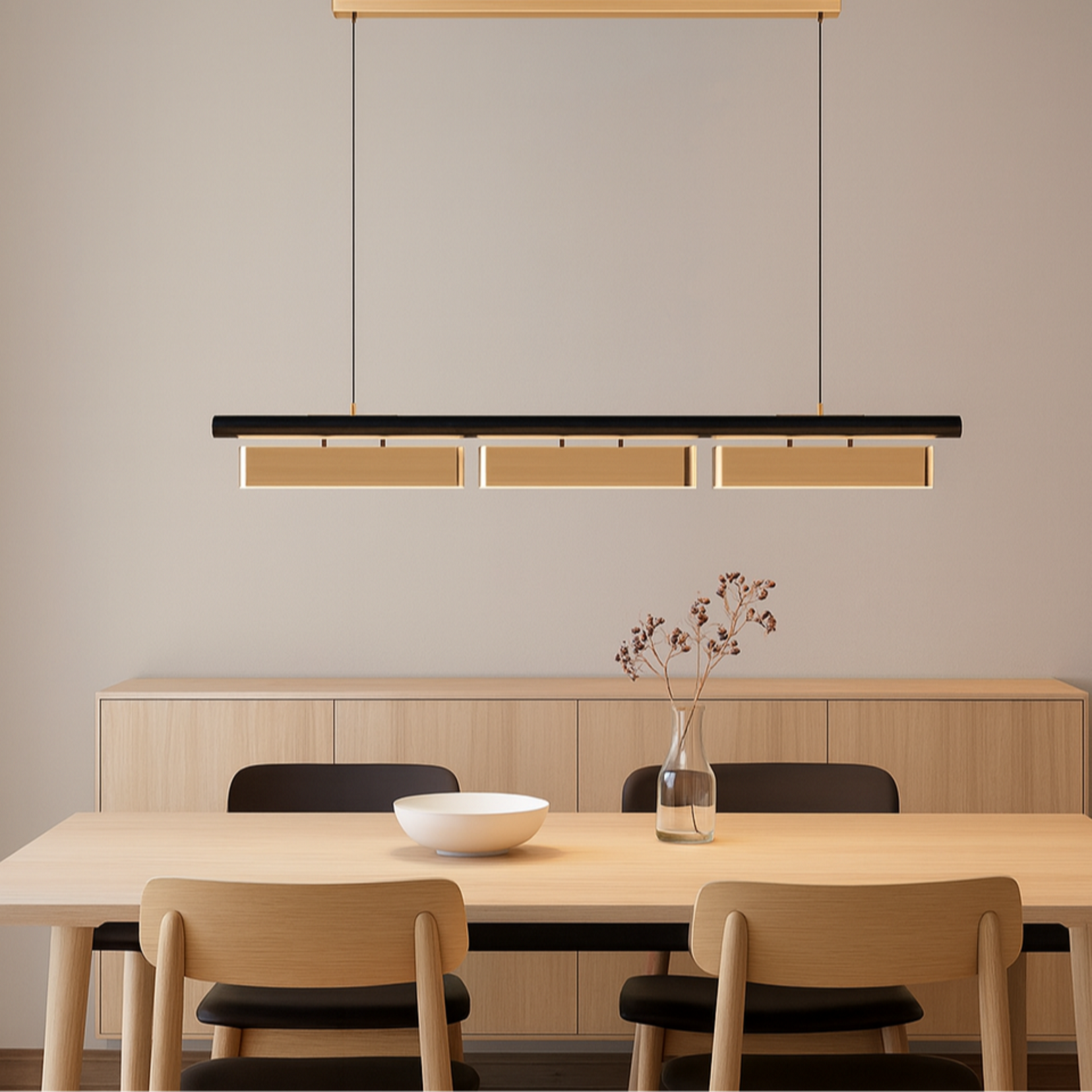Dining room with a Vector Chandelier from Love Hohm, wooden table, and chairs.