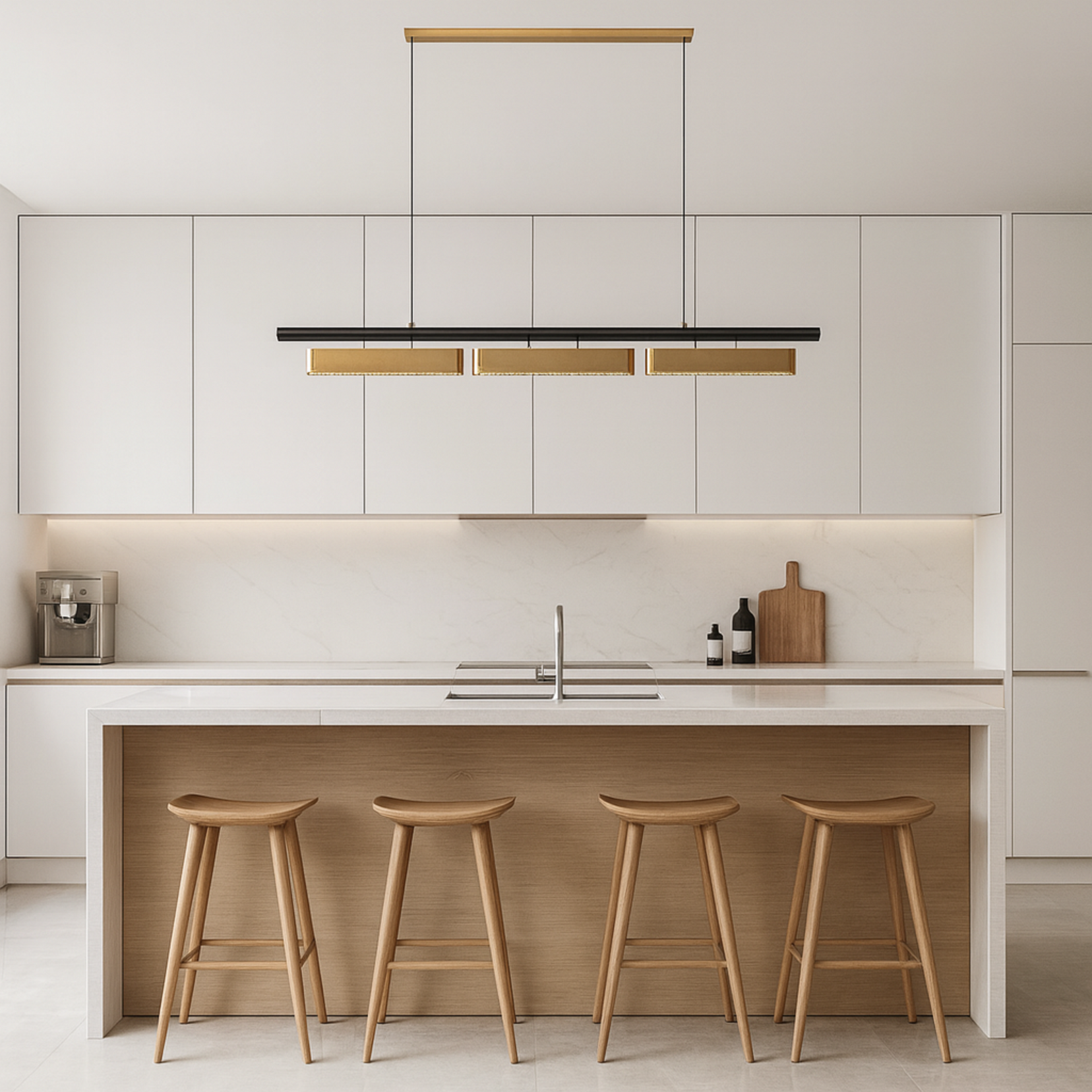 Vector Chandelier by Love Hohm in a kitchen with white cabinets, a wooden island, and bar stools.