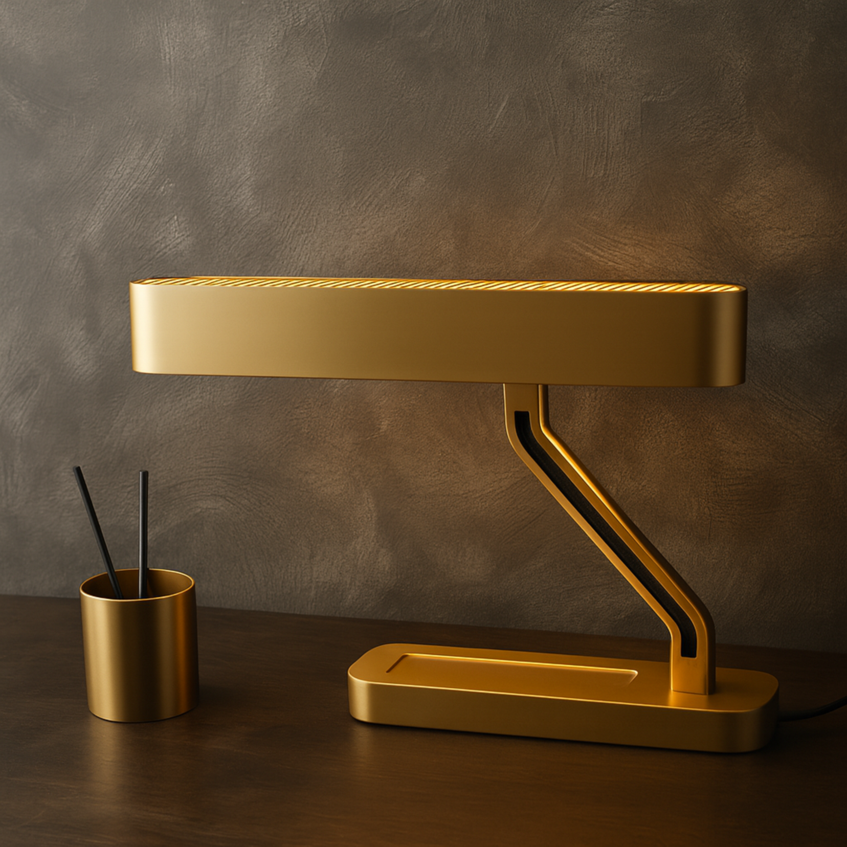 Vector brass desk lamp from Love Hohm on a wooden surface with a dark background