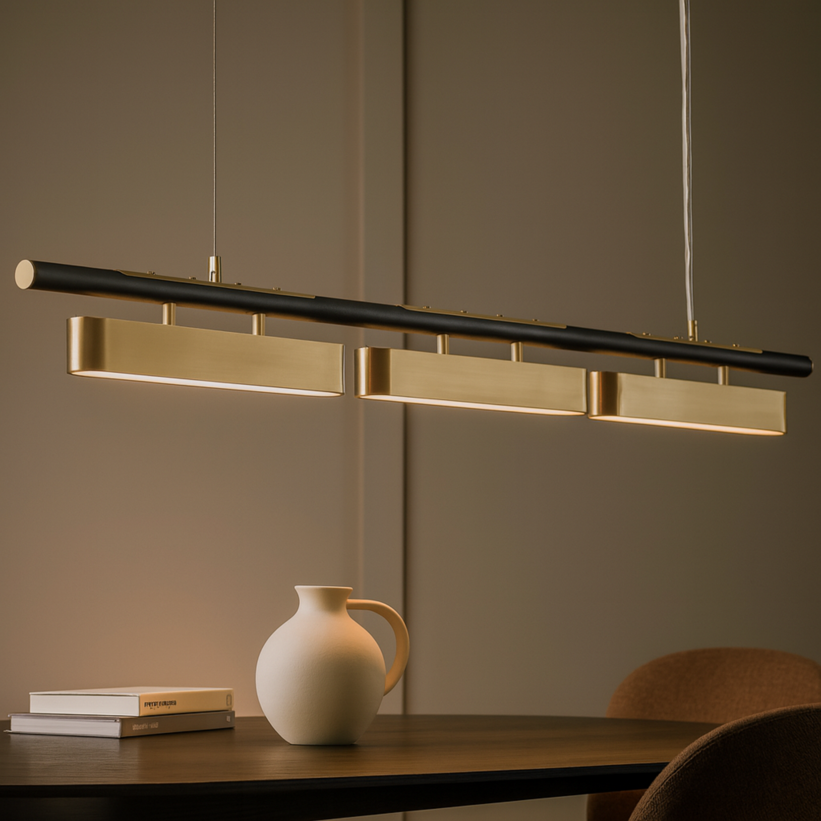 Vector Chandelier from Love Hohm with a black and gold design above a table with a vase and books.