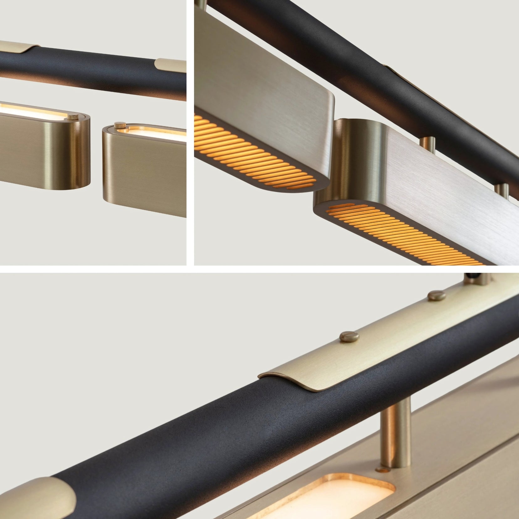 Close-up of Vector Chandelier from Love Hohm with black and brass design on a neutral background