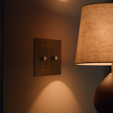Verge brass dimmer from Love Hohm on dim lit wall behind a lamp.