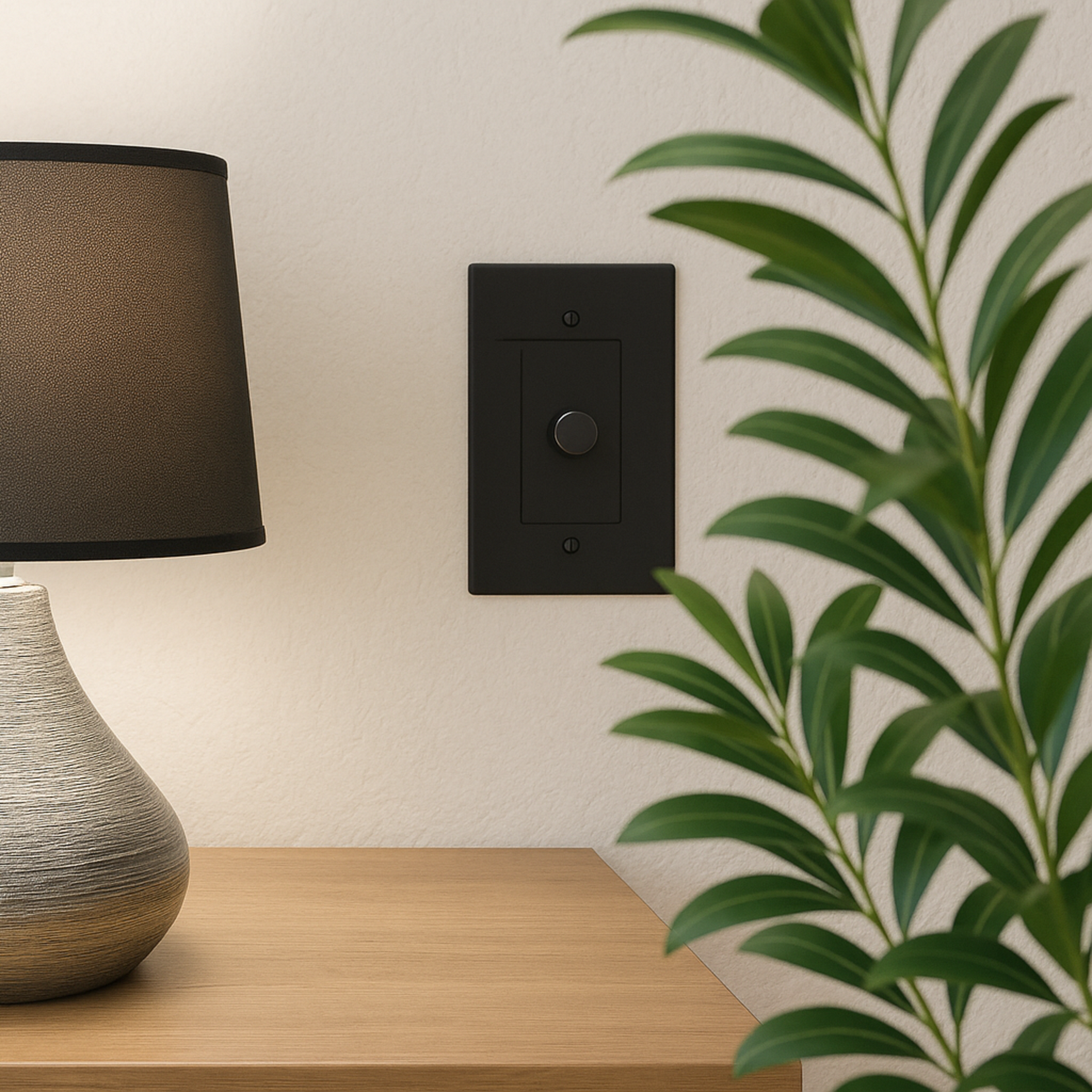 Verge Dimmer from Love Hohm on a light beige wall with a lamp and plant in the foreground.