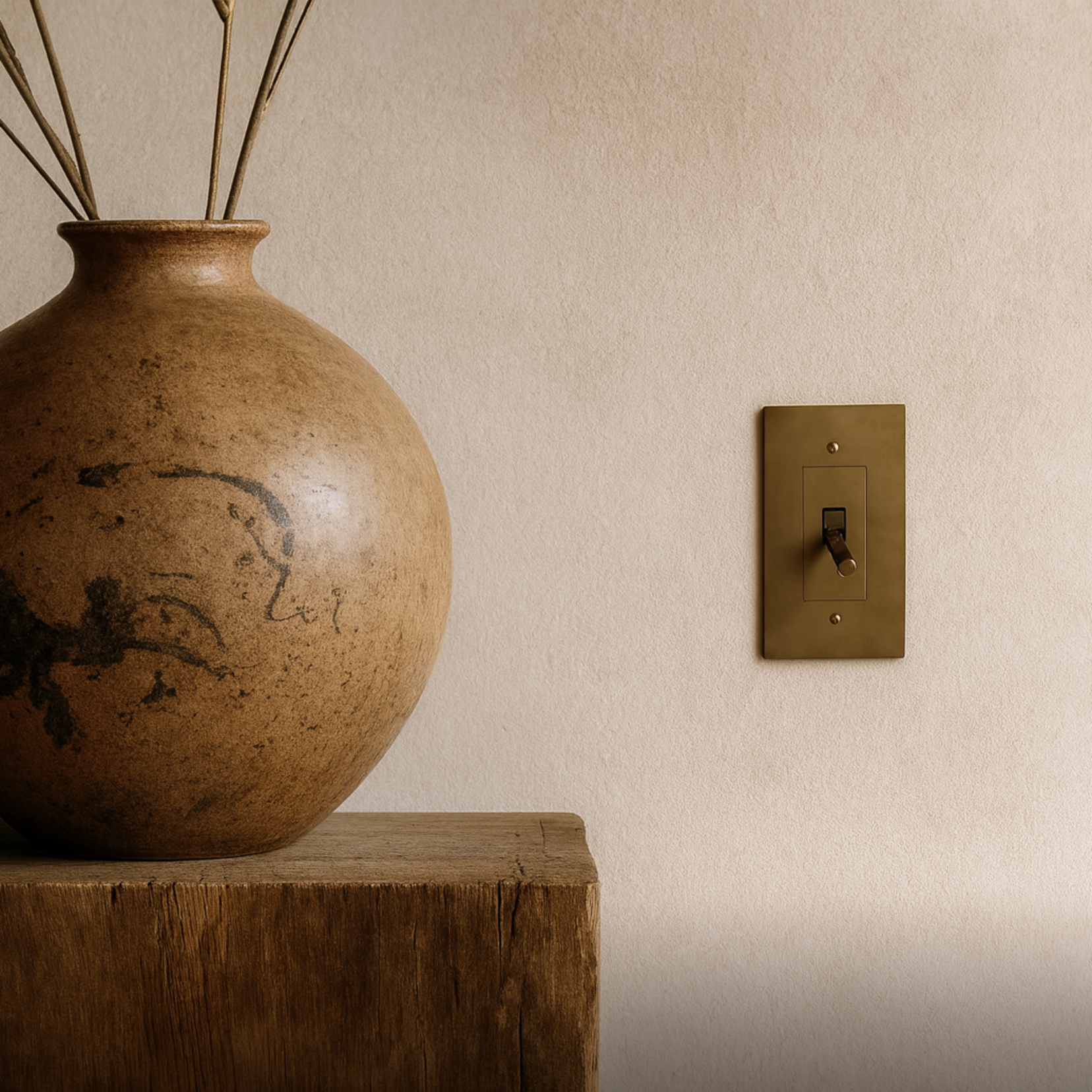 Verge brass toggle from Love Hohm and a decorative brown vase