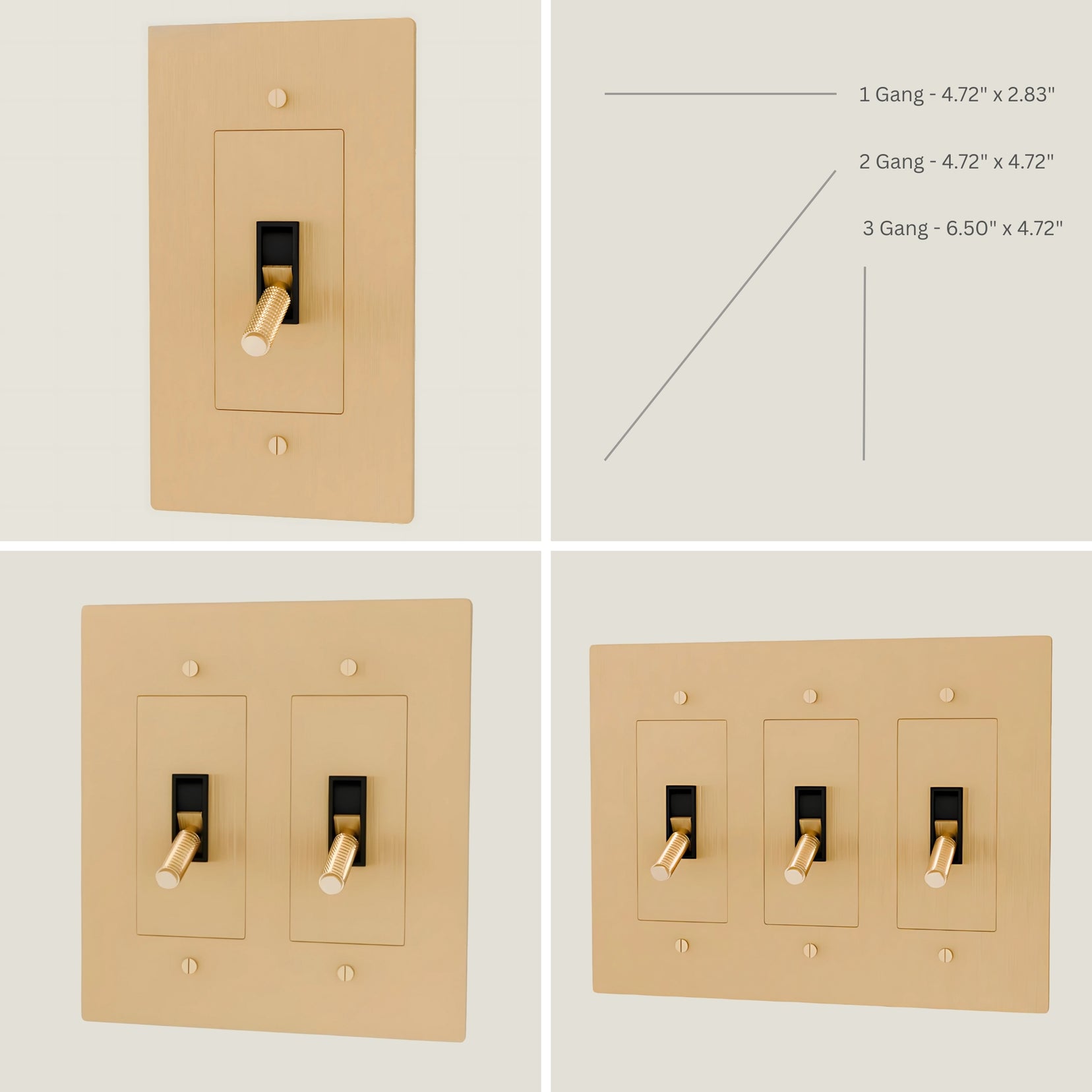 Verge brass toggle switch panels from Love Hohm with different configurations on a white background