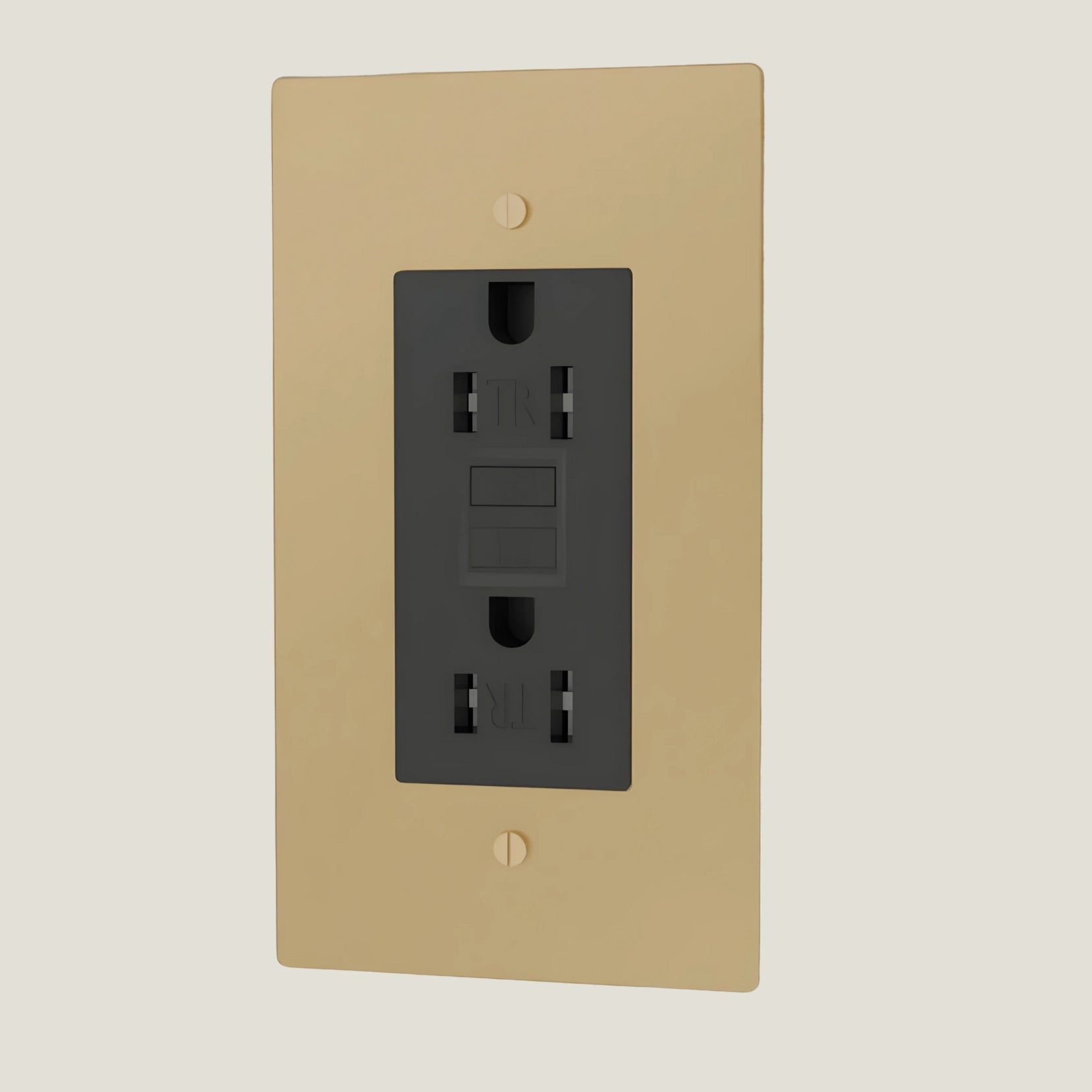 Verge outlet and wall plate in brass with black electrical outlet on a light gray background